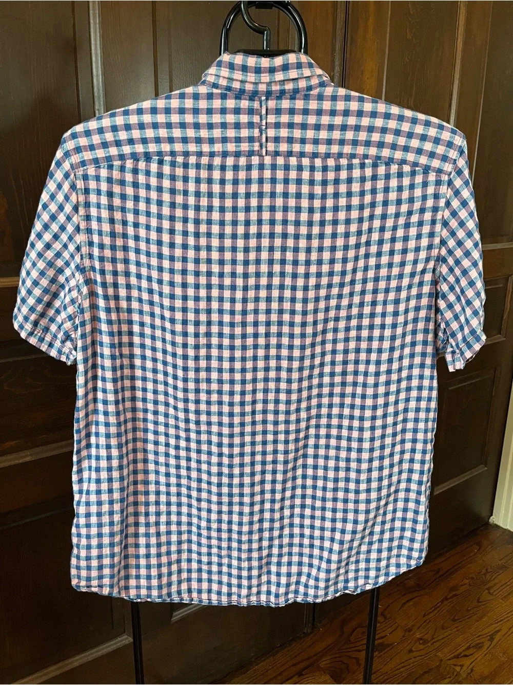 Banana Republic Camden Fit Short Sleeve Shirt 100% Linen Pink/Blue Check Size XL